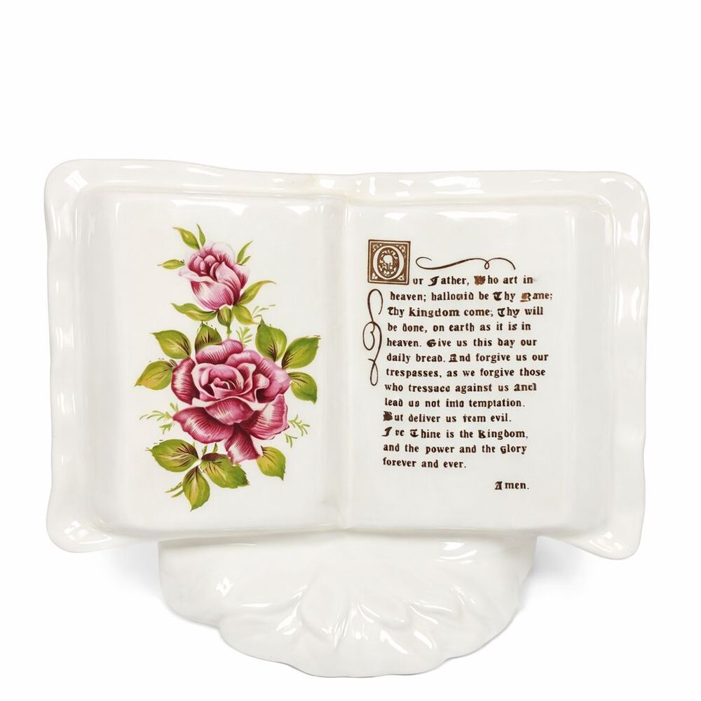 VTG Ceramic Lord's Prayer Book Decor Pink Roses Religious Home Blessing Gift